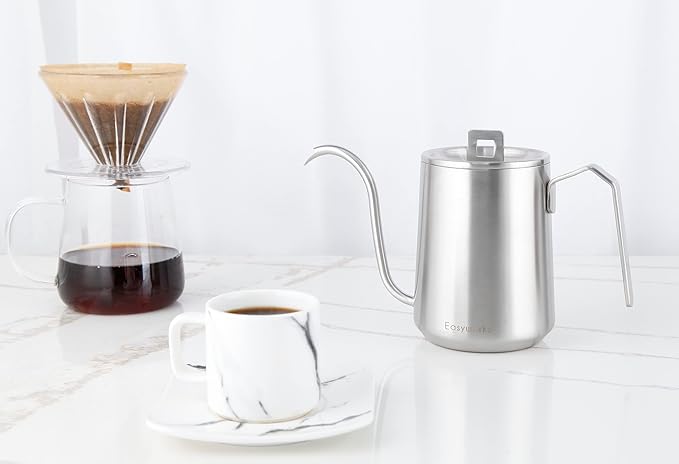 Easyworkz Gooseneck Pour Over Coffee Kettle 20 oz Stainless Steel Hand Drip Coffee Pot With Long Narrow Spout Brushed Silver