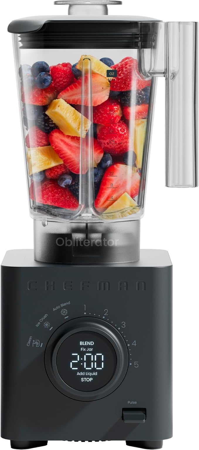 Chefman Obliterator 48 oz Countertop Blender for Smoothies 1380W Motor to Crush IceNuts &amp Frozen Fruit with Stainless Steel Blade Auto Blend Function Includes Tamper &amp Scraper-MIDNIGHT(Pack