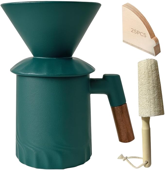 Pour Over Coffee Maker Set Ceramic Pour Over Coffee Dripper 15.5oz/450 ml with 25 Pcs V60 Paper Filter Coffee Pour Over Set for Camping Green
