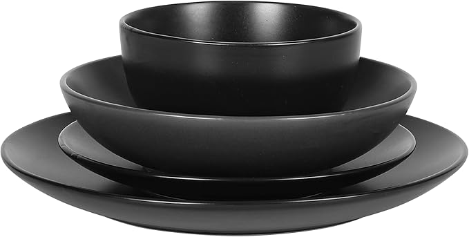 Gibson Home Queenslane 16-Piece Matte Black Stoneware Dinnerware Set – Double Bowl Plates and Bowls Durable Kitchen Dinner Set
