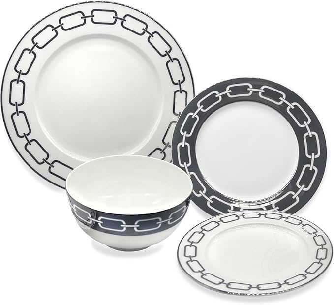 Godinger Dinnerware Set Dinner Plate Salad/Dessert Plate Pasta Bowl and Soup Bowl 16 Piece Set Bone China White Lien