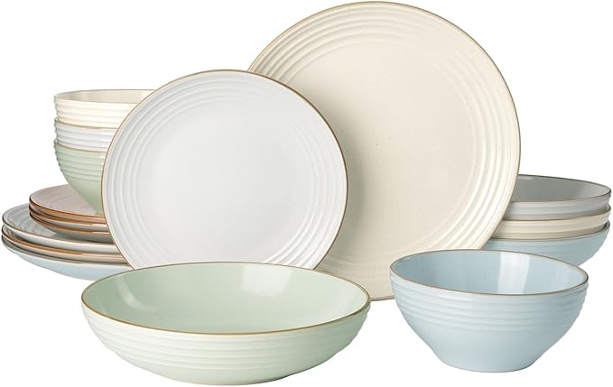 Famiware Jupiter Stoneware Dinnerware Sets for 4 (16-Piece) Handcrafted Dishes with Embossed Swirl &amp Speckles Multi-Color - Includes Chip Resistant Pasta Bowl &amp Dinner Plate for Daily &amp