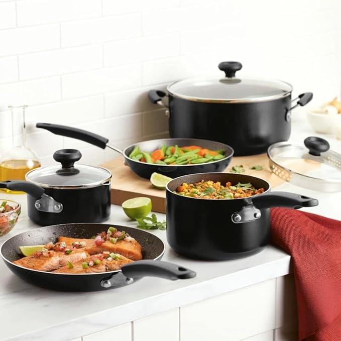 12-Piece Black Non-Stick Pots and Pans Set with Cooking Utensils Dishwasher Safe Aluminum Cookware Even Heating for Various Kitchen Needs
