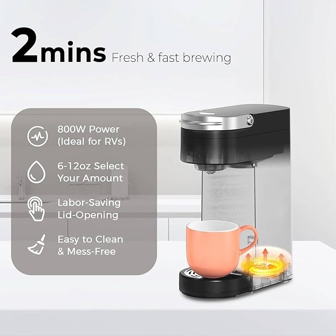 Single Serve Coffee Maker Slim One Cup Brewer with Reusable Filter Compact Pod Coffee Machine 6-12oz