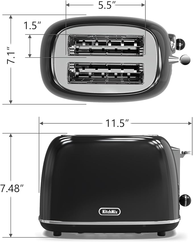 Toaster 2 sliceRetro Stainless Steel Toaster with 6 Settings 1.5 In Extra Wide Slots Bagel/Defrost/Cancel Function Removable Crumb Tray (Dark)