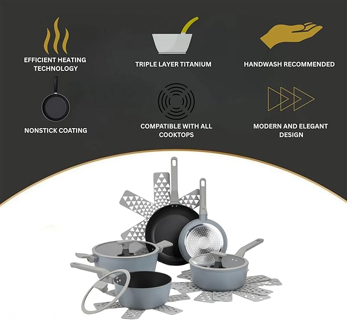 Non-Stick Cookware Set Heavy-Gauge Aluminum Pots and Pans with Fry Pans Saucepans Stock Pot &amp Cookware Protectors – Cool Grey Kitchen 12-Piece Set