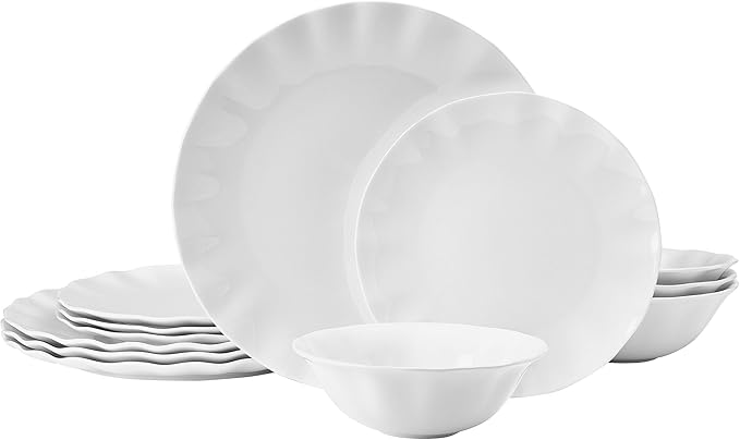 Mikasa Elodie Scalloped 12 Piece Bone China Durable Chip Resistant Lightweight Dinnerware Set Service for 4 White