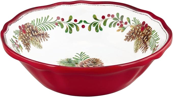 UPware 12 Piece Pinecones Melamine Dinnerware Sets Outdoor Dishes Set Plates and Bowls Sets Christmas Decorations Service for 4 Red