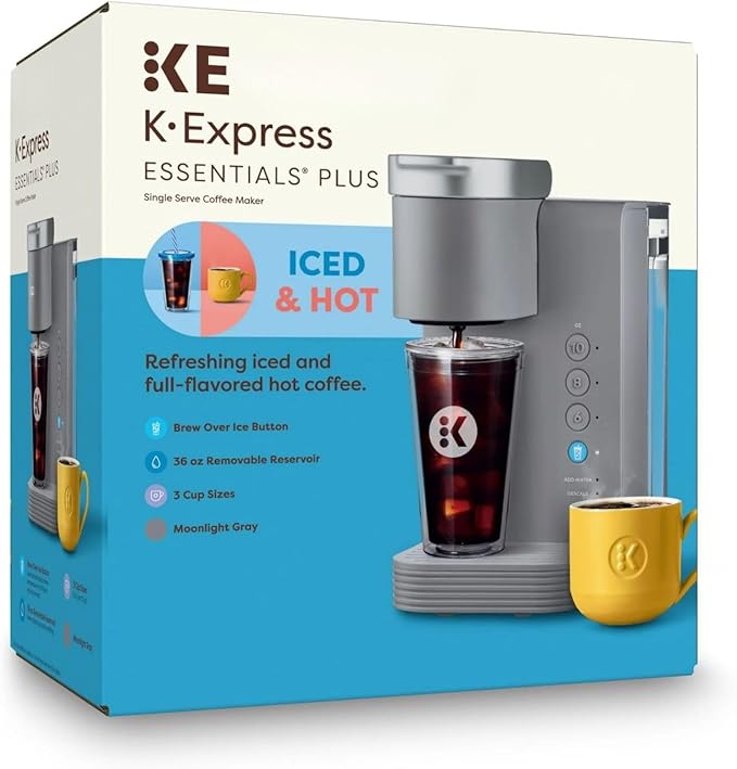 KeurigK -Express Essentials Plus Iced &amp Hot Single Serve Brewer Adjustable Temp Brew Over Ice Pods Compatible Coffee Maker (Gray)