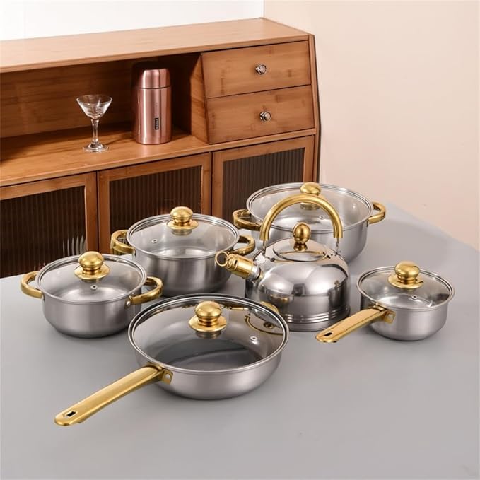 Thickened Stainless Steel Pot Set Soup Pot Milk Pot Frying Pan with Water Kettle 12 Piece Set of CookwareA12Pcs Daishuihu