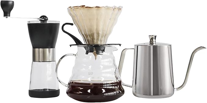 SOTECH Pour Over Coffee Maker Set with Black Gooseneck Kettle Wooden Filter Holder Coffee Dripper Glass Server with Paper Coffee FiltersDIY Manual Coffee Maker Set (Eco-Setbag)