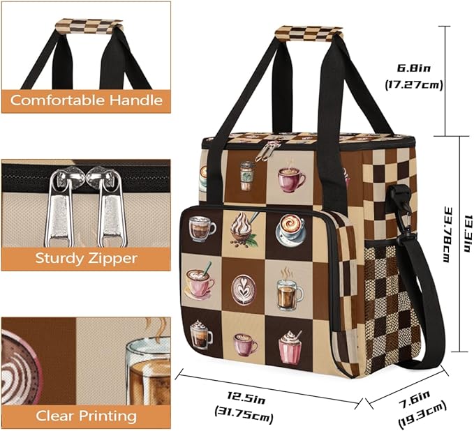 Cartoon Coffee Pattern Coffee Maker Carring Bag Travel Carrying Storage Tote Bag Compatible with Keurig K-Mini or K-Mini Plus Portable Single Serve Coffees Brewer Case with Pockets for K-cup Pods