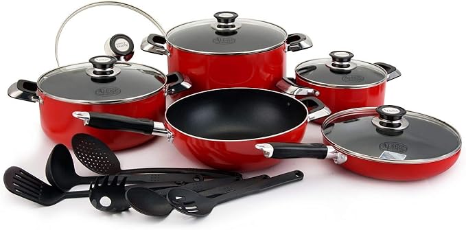Alpine Cuisine 16-Piece Nonstick Aluminum Cookware Set - Heavy-Duty 2.5mm Pots and Pans with 3Qt 6Qt &amp 10Qt Dutch Ovens 11 Wok 10 Fry Pan Tempered Glass Lids &amp Utensils - Red