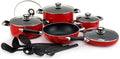 Alpine Cuisine 16-Piece Nonstick Aluminum Cookware Set - Heavy-Duty 2.5mm Pots and Pans with 3Qt 6Qt &amp 10Qt Dutch Ovens 11 Wok 10 Fry Pan Tempered Glass Lids &amp Utensils - Red