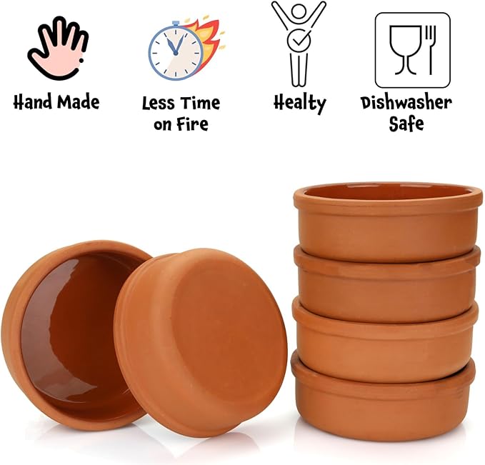 Areste Mexican Clay Cookware Set (Set of 6)- Terracotta Cooking Pots Bowls Plates and Serving Dishes - Premium Spanish Earthenware for Baking Yogurt Kheer Meat Vegetables Turkish Cuisine - Caz