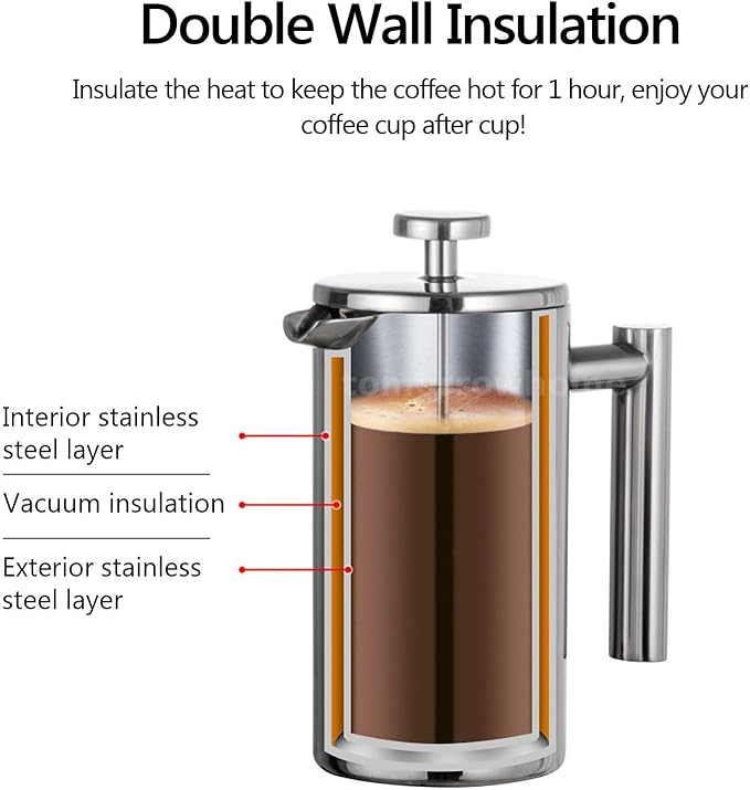 Travel French Press 34oz Stainless Steel Coffee Press for Camping Double Wall Insulated &amp No Drip Spout plastic free coffee maker