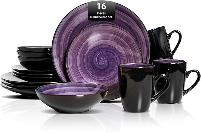 Sonoma 16-Piece Dinnerware Set - Serves 4 Black and Speckled Purple Plates &amp Bowls Set | Microwave &amp Dishwasher Safe Spinwash Purple