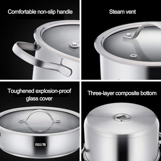 Cooking Pot Stainless Steel Cookware Set 3-Pieces Saucepans Set with Glass Lid Safe Uncoated Pot Suitable for All Hob Types