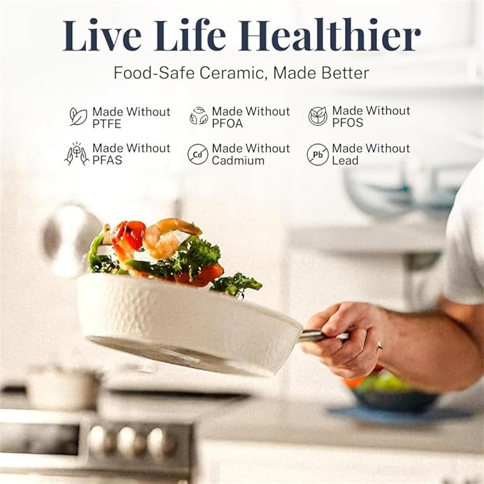 Hammered 15 Pc Ceramic Pots and Pans Set Non Stick Pots and Pan Set Dishwasher Safe Cream White Steel Cookware Sets Kitchen KitA15 Pc Cookware Set