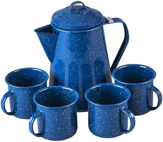Cinsa 23 Piece. Enameled Dinnerware Camping/Outdoor Set for 4. Includes Plates Bowls Mugs Coffee Boiler.