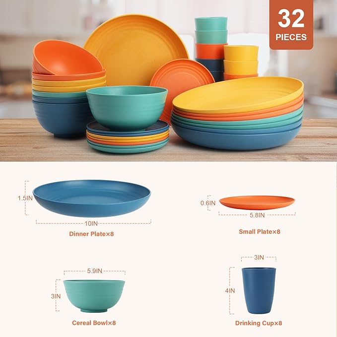 Wheat Straw Dinnerware Sets for 8 Unbreakable Plates and Bowls Sets for 8 32-Piece Dishes Set Microwave Safe Plastic Plates Reusable Cups and Bowls Sets for Kitchen Outdoor - Multi