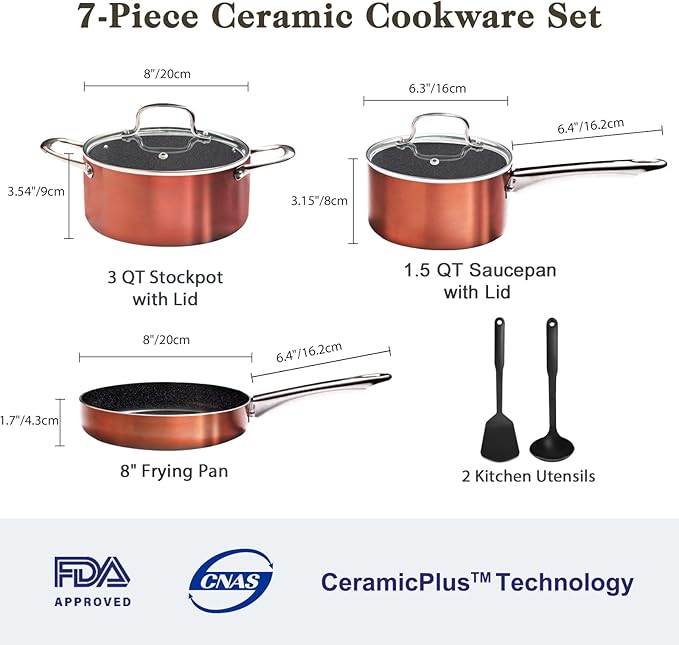 Pots and Pans Set Non Stick 7 Piece Ceramic Cookware Set Non Toxic Kitchen Induction Cookware Sets Pots and Pans Cooking Set with Oven Safe Handle 100% PFOA Free Copper