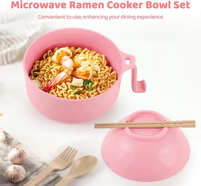 4-Piece Microwave Noodle Cooker Set with Lid Handle and 1200 Ml Bowl 4 Color Options Chopsticks Fork Spoon for Home and Travel