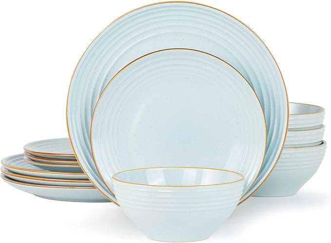 Famiware Jupiter Stoneware Dinnerware Sets Handcrafted Plates and Bowls with Embossed Swirl &amp Speckles Blue - Chip &amp Scratch Resistant Dishwasher &amp Microwave Safe Modern Dishes for 4 (1