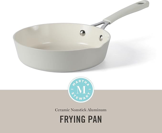 Martha Stewart Heathland 8 Inch Aluminum Fry Pan Cookware Non-Toxic Premium Ceramic Non Stick Frying Pan Kitchen Egg Pan Omelet Pan Always Pan Pots and Pans Linen White Induction Safe