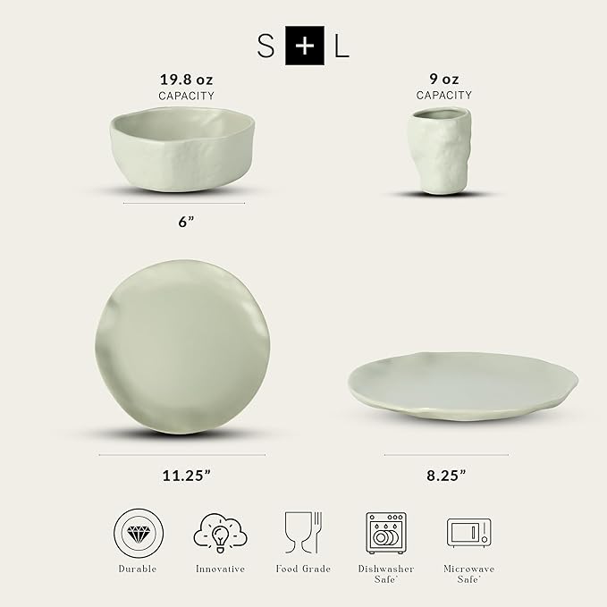 Stone by Mercer Project Atik Modern Stoneware 32-Piece Dinnerware Set Plate and Bowl Set Dish set for 8 Sage-Grey