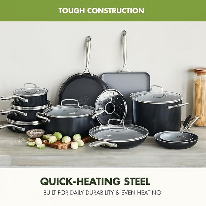 GreenPan 17 Piece Nonstick Swift Cookware Set Ceramic PFAS-Free Pots &amp Pans with Lids Dishwasher &amp Oven/Broiler Safe to 600F Kitchen Cooking Set Sauce Saute Stock Griddle Frying Pans
