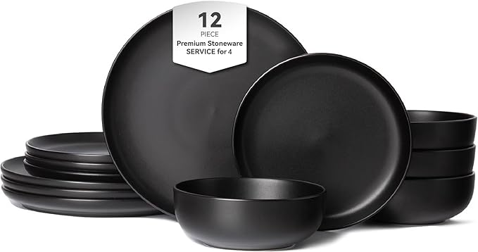 12-Piece Stoneware Dinnerware Set for 4 10 Plates &amp 7.5 Salad Plates &amp 5.9 Bowls Microwave &amp Dishwasher Safe Stackable Matte Glaze Kitchenware Chip &amp Scratch Resistant(Black)