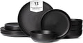 12-Piece Stoneware Dinnerware Set for 4 10 Plates &amp 7.5 Salad Plates &amp 5.9 Bowls Microwave &amp Dishwasher Safe Stackable Matte Glaze Kitchenware Chip &amp Scratch Resistant(Black)
