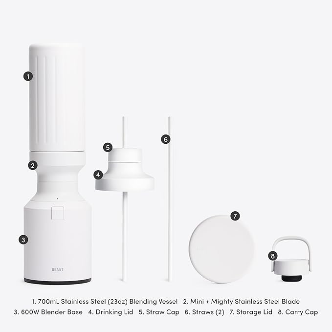 Beast Mini 600 Stainless Steel | Mini Countertop Kitchen Blender | Insulated Stainless Steel Vessel | Smoothies Shakes Dressings Sauces Dips | Portable Straw Caps and Lids | 600W (Cloud White)