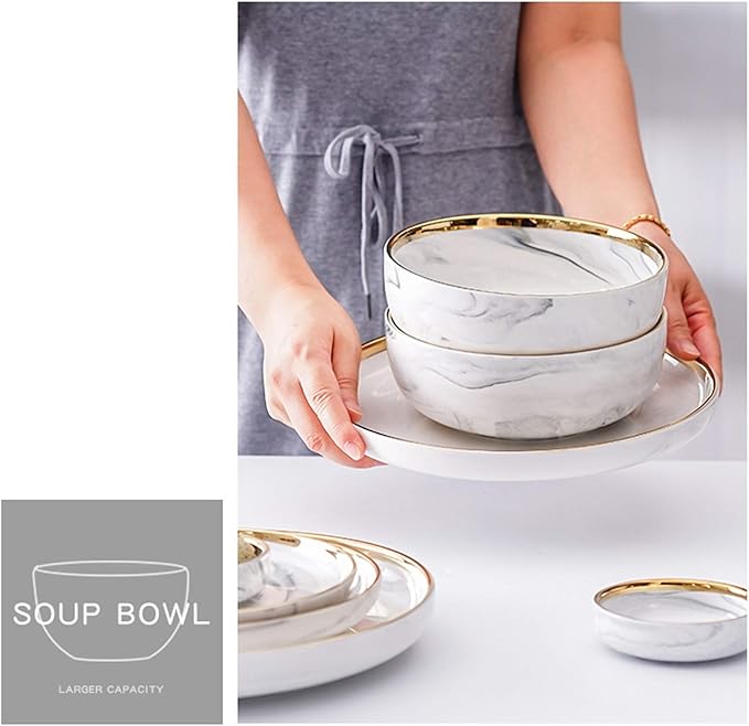 7-Piece d Edged Marble Dinnerware Set - Compact Kitchen T for 2 with Round Ceramic Plates and Sauce Bowls