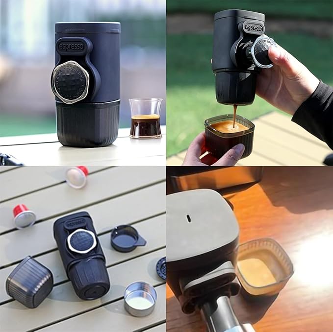 Portable Hand press Coffee Maker with with Capsule Compartment and Coffee Powder Bowl &amp Travel Mug - Compact Espresso Machine for Home Travel Manual Coffee Brewing