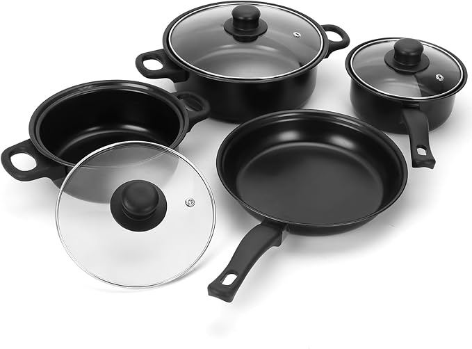 Non-Stick Cookware Set 13 Piece Set Portable Lightweight Cast Iron Pots and Pans with Glass Lids and Nylon Utensils for Outdoor Camping Picnic Travel Cookware Black