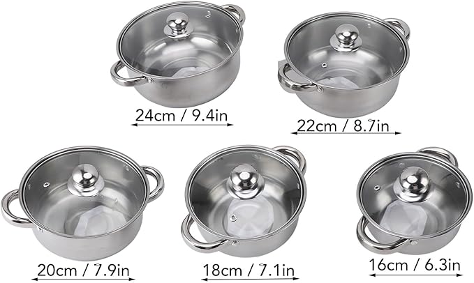 Stainless Steel Soup Pot 5 Piece Cookware Set with Heat Handle and Glass Lids for Stockpot Saute Pan Saucepan Dishwasher Safe Induction Compatible