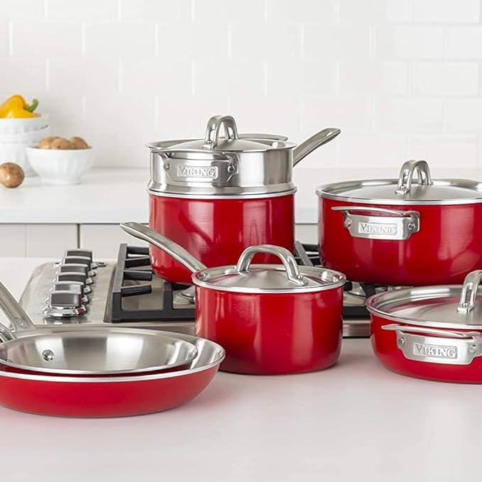 Viking Multi-Ply Color 2-Ply 11pc Cookware Set with Stainless Steel Lids Red