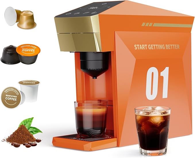 BENFUCHEN 4 in1 Single Serve Coffee Maker 19 Bar Espresso Coffee Machine For KCup/Nespre sso OriginalLine Capsules/Ground Coffee Single Cup Coffee Brewer 1400W Fast Brew in 1 Minute Vibrant Orange