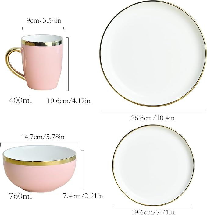 Pink and Gold Ceramic Dinnerware Sets for 4 16-Piece Luxury Plates and Bowls Sets with Gold Rim Modern Dish Set for Wedding Christmas Anniversary Crack Resistant | Dishwasher &amp Freezer Safe (Pi