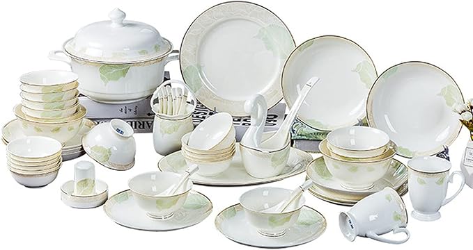 Home Banquet Cutlery Set White Bone China Cutlery Set with Dinner Plates Dessert Plates Soup Plates Saucers for Gifts Wedding Hotel 62 Piece