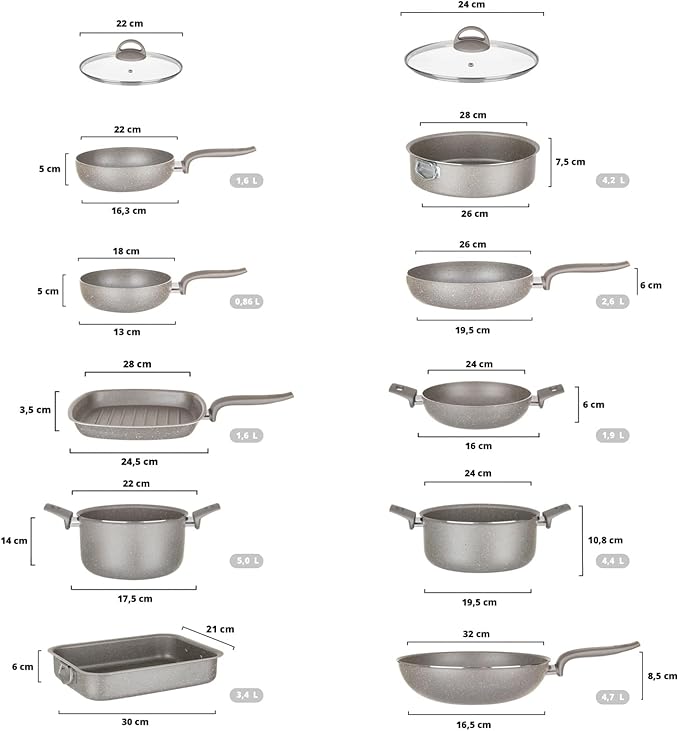12Pcs Cookware set Made in Italy pots and pans set Nonstick kitchen set Greblon nonstick coating Healthy &amp PFOA/GenX-free Oven-safe baking pans Grey (12 Piece)