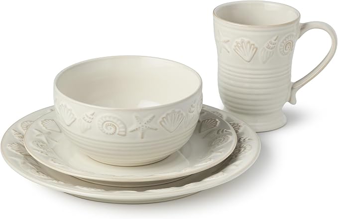 Coastline Cream 16-Piece Stoneware DINNERWARE SETSERVICE for 4 with embossed coastal shells and starfish detailing durable beach house tableware for relaxed coastal living and everyday dining