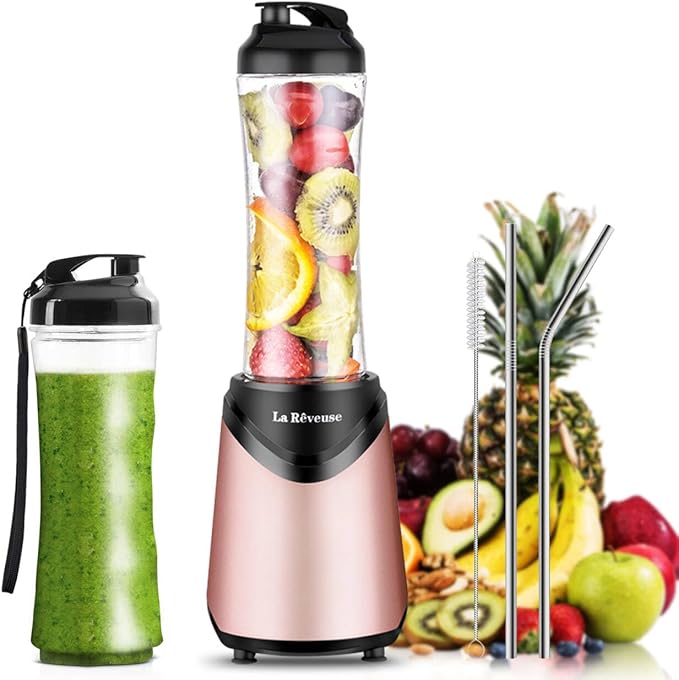 La Reveuse Smoothie Blender Personal Size 300 Watts with 2 Pieces 18 oz BPA-free Travel Sports BottlesPink