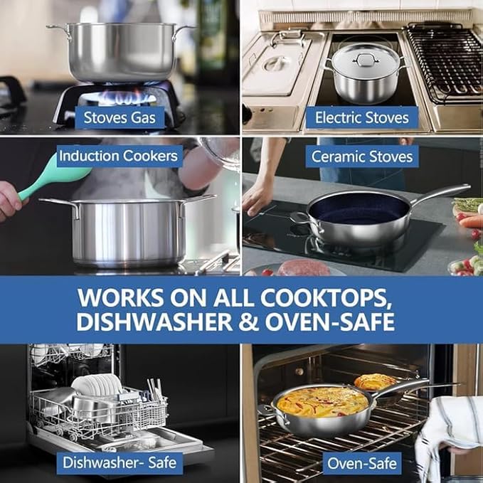 Nuwave Pro-Smart 9pc Stainless Steel Cookware Set Healthy Duralon Blue Non-Stick Ceramic Coating Heavy-Duty Tri-Ply Construction Ergonomic Stay-Cool Handles Induction-Ready &amp Works on All Cook