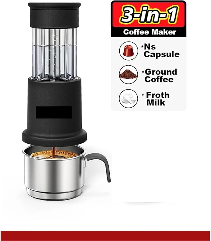 Portable Coffee Machine Hand Press Portable Coffee Maker Milk Frother Capsule Grinded Coffee Powder Outdoor Camping Cafe Tools Hikingfor Outdoor Travel Picnic(Black)