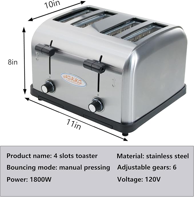 CLIVIA 4 Slice Toaster Commercial Toaster for Restaurant Hamburger Bread Bagels Heating Oven Automatic Pop-Up with Extra Wide 4 Slots 6 Browning Levels 1800W 110V