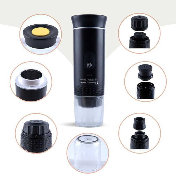 Portable Coffee Maker Espresso Travel Machine – Self-Heating Electric Espresso Maker Compatible with Ground Coffee Ideal for Travel Camping Office