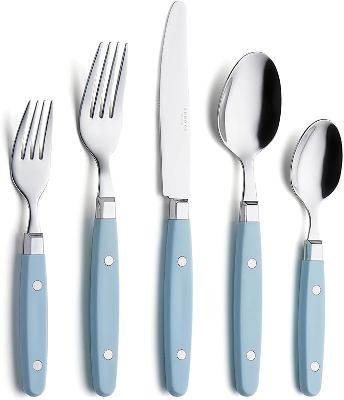 ANNOVA Silverware Set Retro/Rivet Colorful Stainless Steel Tableware Kitchen Flatware Set Utensils Includes Dinner Knives Forks Spoons Salad Forks &amp Dessert Spoons (Sky Blue 20 Pieces)